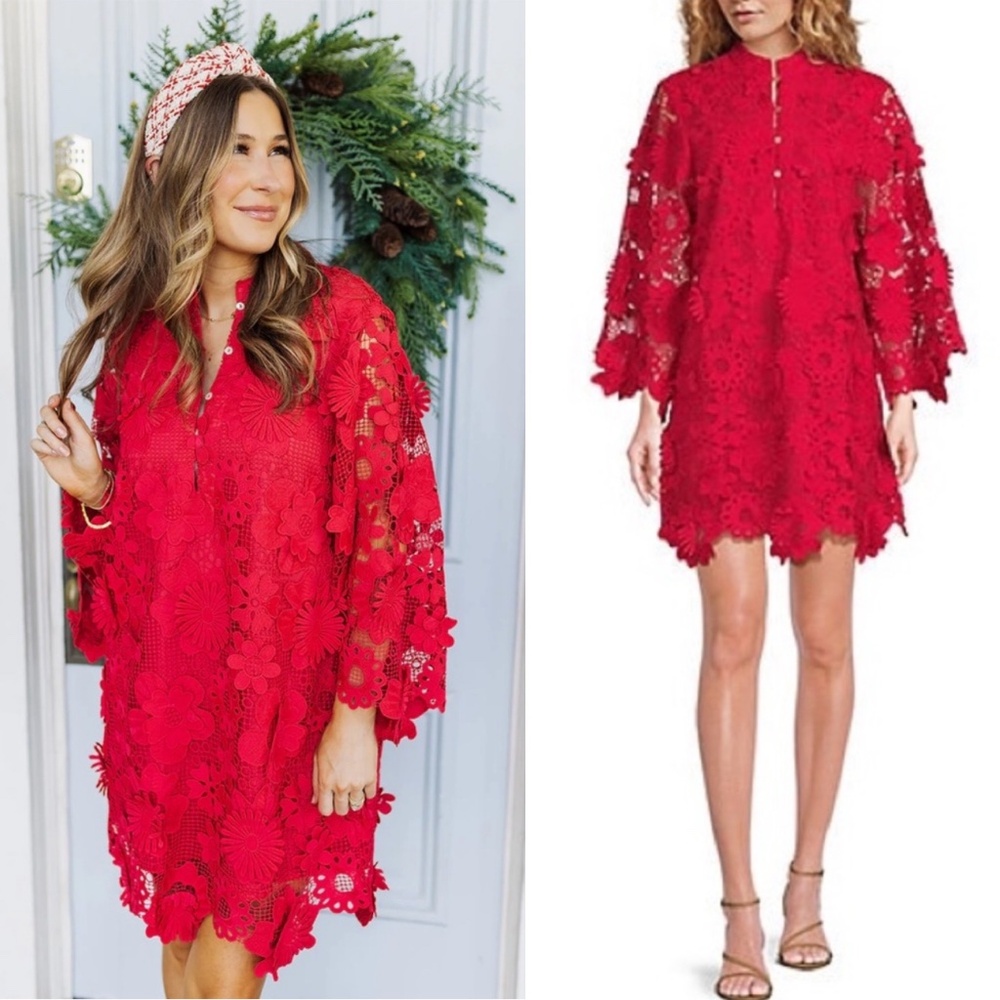 NWT J.Marie Seraphina Floral 3D Lace Split Round Button Up Neck Shift Dress
